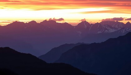 Fototapeta premium Fiery sunset hues blaze across a majestic mountain range, twilight, majestic