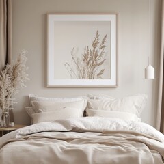 A framed picture of a flower with a white background. The picture is hanging on a wall. There are two pillows on the bed, one on the left and one on the right