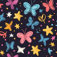 Colorful Butterfly and Star Seamless Pattern Kids Fabric, Textile Design