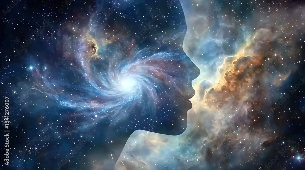 Poster cosmic double exposure portrait of a woman s face seamlessly blending with a swirling galaxy creatin