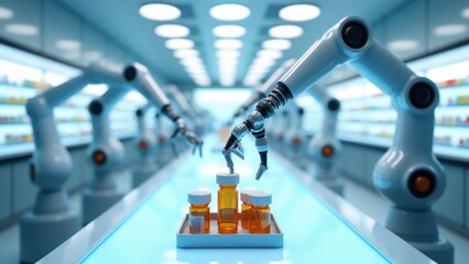The robotic arms handling medicine containers, futuristic hospital pharmacy with robotic arms preparing prescriptions