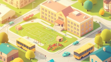 Suburban school playground, sunny day, isometric view
