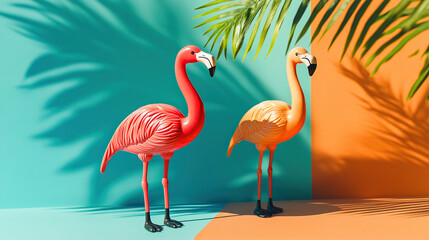 Two flamingo toys on a vibrant orange and blue background, radiating joy and optimism.
