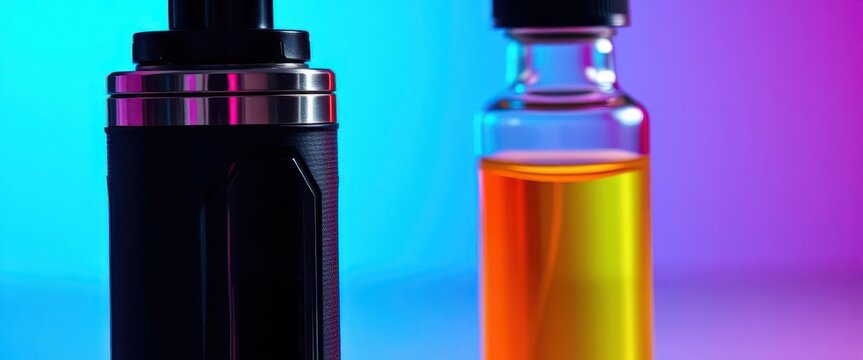 Close-up of e-cigarette device and e-liquid bottle, vape, vaporizer