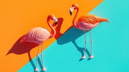 Obraz premium Two flamingo toys on a vibrant orange and blue background, radiating joy and optimism.