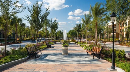 A well-maintained city park with benches, fountains, and green spaces pic