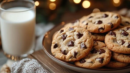 Stack of chocolate chip cookies with milk