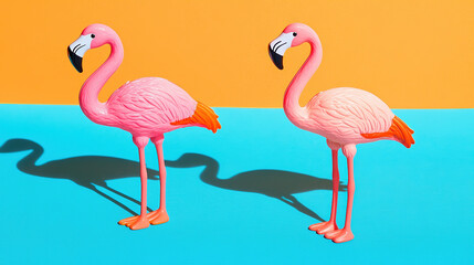 Obraz premium Two flamingo toys on a vibrant orange and blue background, radiating joy and optimism.