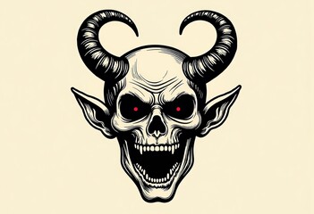 Fototapeta premium Horned skull demon illustration on beige background for Gothic designs, occult themed projects, Walpurgis Night celebrations, horror merchandise and fantasy artwork