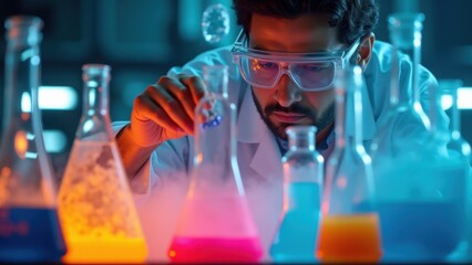Scientist wearing safety goggles surrounded by a high-tech lab environment with a vibrant chemical reaction with colorful vapors rising from beakers, bubbles forming in flasks 