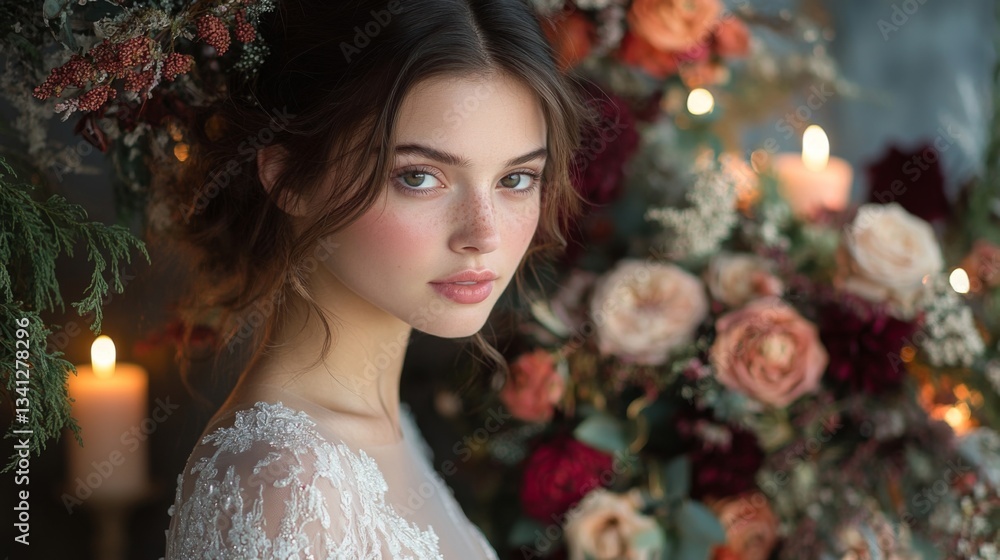 Poster beautiful bride gazes softly while surrounded by a stunning floral arrangement. flickering candles c