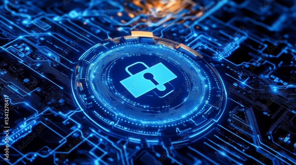 Fototapete A digital concept of a network security interface, with data flowing and firewall protection symbols.