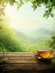 Enjoying Tea Outdoors Overlooking Green Mountain Landscape on Wooden Table