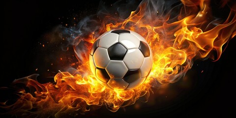 Fototapeta premium Flaming Soccer Ball, Burning Football, Fiery Sphere, Black Background, Abstract Sports Photography