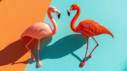 Obraz premium Two flamingo toys on a vibrant orange and blue background, radiating joy and optimism.
