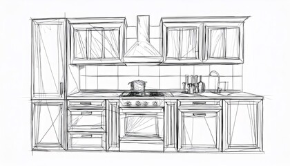 Hand drawn sketch of modern kitchen interior design featuring stove, cabinets, and countertop