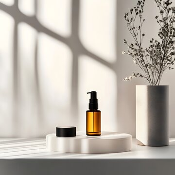 Elegant and minimalist display of premium skincare products with natural botanical ingredients on a clean white surface