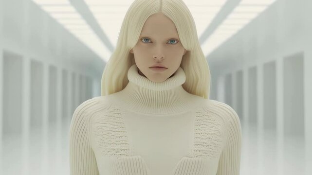 Futuristic woman in white clothes, medium shot, sci-fi style, artificial intelligence concept, for science fiction films, fashion videos.