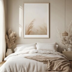 A framed picture of a field of grass is hanging on a wall above a bed. The bed is made with white sheets and a brown blanket. There are two vases on the bedside table, one of which is empty