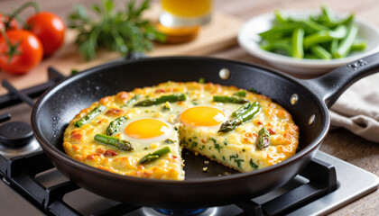 Delicious asparagus frittata cooking in skillet, morning breakfast