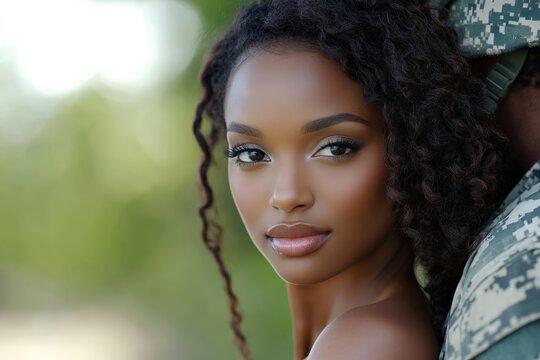 Soldier returning home embracing wife outdoors