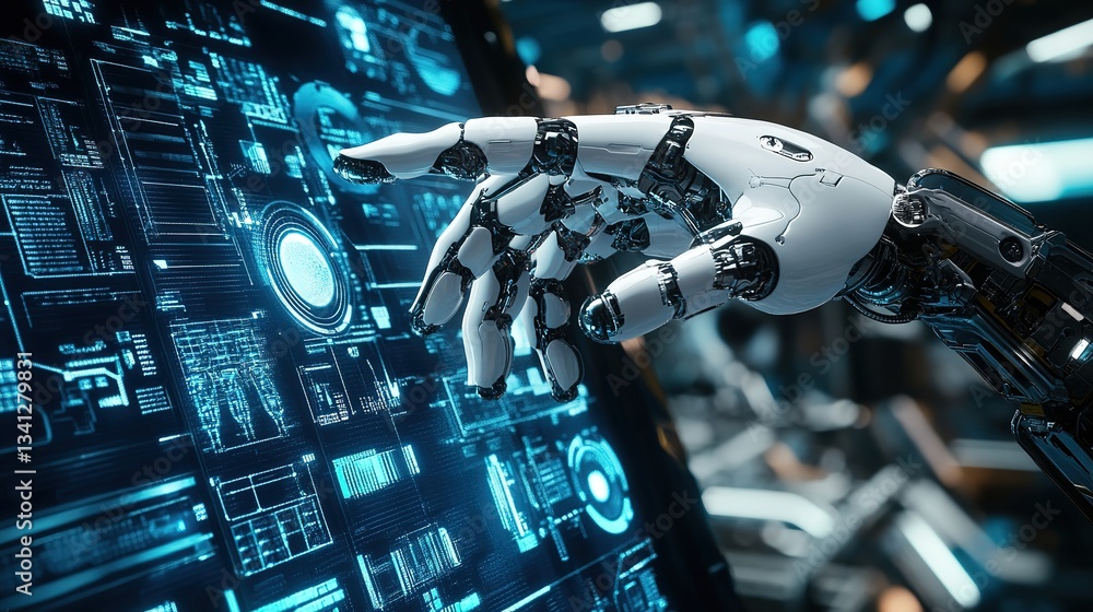 Poster a cybernetic production facility integrating bionic limbs into automation.