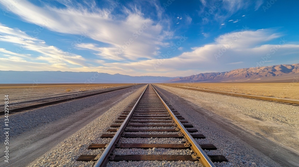 Poster a drone view of railway tracks stretching into the horizon.