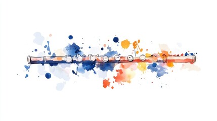 Naklejka premium Melodic Flute with Colorful Musical Notes - Vibrant Watercolor Illustration
