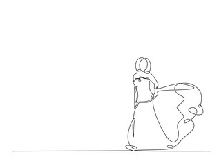 Continuous line art drawing of beautiful girl wearing flowing gown. Lady wearing long dress in one line drawing illustration. Editable stroke.