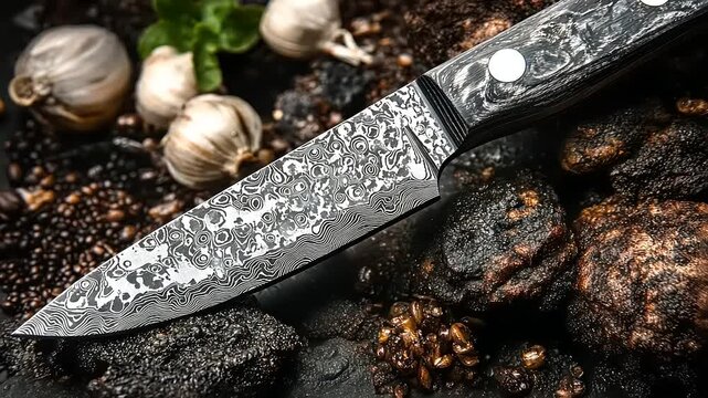 Artisan Damascus Steel Kitchen Knife with Garlic