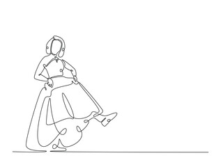 Continuous line art drawing of beautiful girl wearing flowing gown. Lady wearing long dress in one line drawing illustration. Editable stroke.