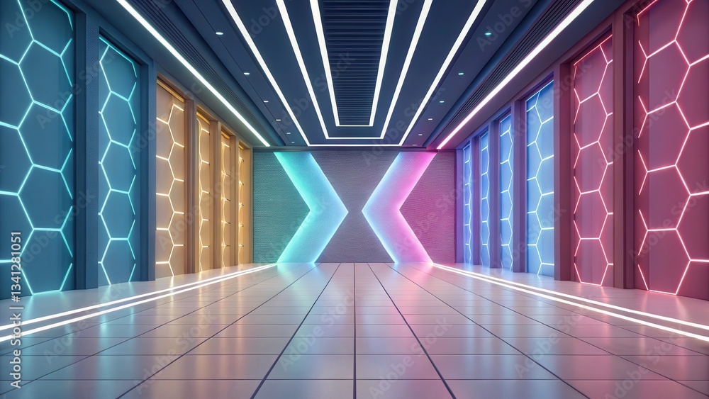 Poster futuristic hallway with colorful hexagonal patterns and glowing accents.