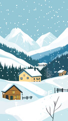 Fototapeta premium Abstract Winter Landscape with Swiss Alpine Village in Deconstructed Style Vector Art