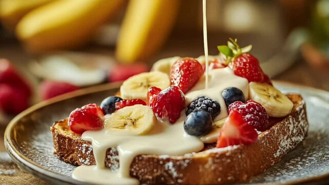  Creamy condensed milk cascading onto berry-topped toast