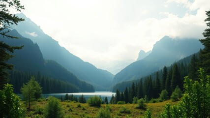 Fototapeta premium Serene mountain lake nestled within a tranquil valley, surrounded by lush evergreen forests and majestic peaks