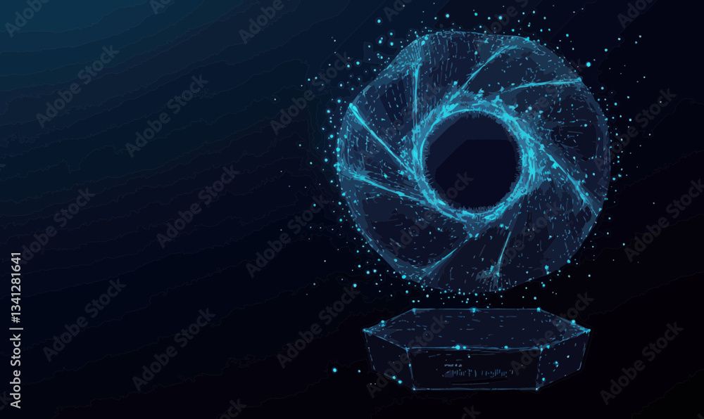 Poster futuristic low poly chatbot icon with rotating wireframe turbine design and ai concepts