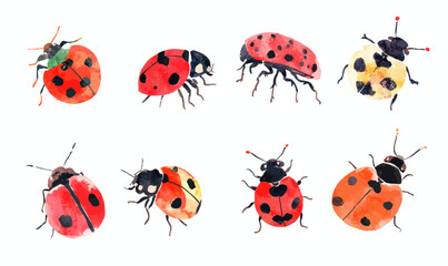Fototapeta premium Colorful Watercolor Ladybug Insects Set in Minimalist Style Vector Illustration