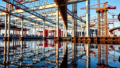 Gleaming steel framework reflected in calm water at industrial construction site, metal, reflection