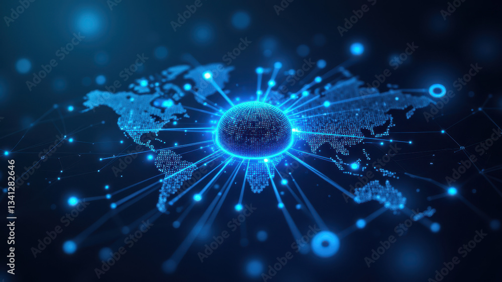 Poster blue cyber network with a globe representation, symbolizing worldwide cybersecurity and devops servi