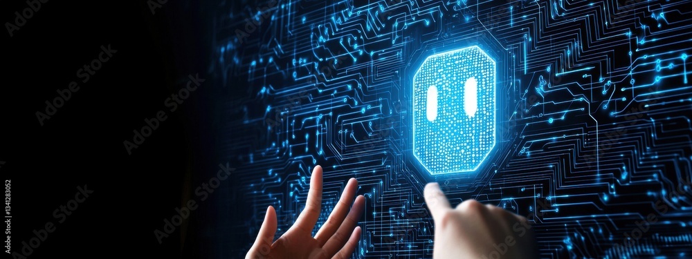 Poster digital interface with abstract technology background and hands