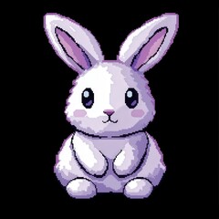 Obraz premium Pixel art of a white rabbit with long ears, sitting on a black background, conveying charm and simplicity. Ideal for retro gaming, art, and design projects.