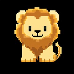 Obraz premium Pixelated lion with a mane, sitting on a black background, represents courage and playfulness. Suitable for children's content, gaming, and retro designs.
