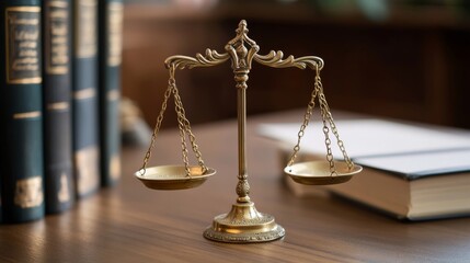 A golden scale of justice placed on a wooden judges desk, with legal books beside it.