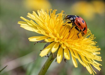 Fototapeta premium Ladybug on Yellow Dandelion Macro Nature Photography of Insect and Wildflower