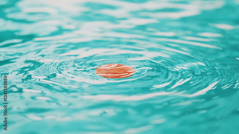 Poster a close-up of a circular orange object floating on turquoise water, creating gentle ripples and refl