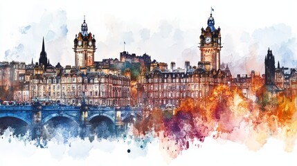 Obraz premium Watercolor Edinburgh Cityscape - Watercolor painting of Edinburgh, Scotland. Depicts iconic architecture, bridges, and a vibrant autumnal palette. Symbolizes history, travel, beauty, heritage