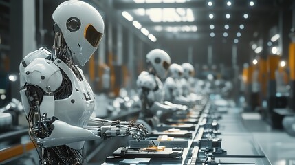 A futuristic factory with hybrid human-bionic robotic workers.