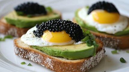 A gourmet brunch featuring caviar-topped avocado toast with a poached egg.