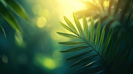 Lush tropical leaves bathed in sunlight, jungle backdrop