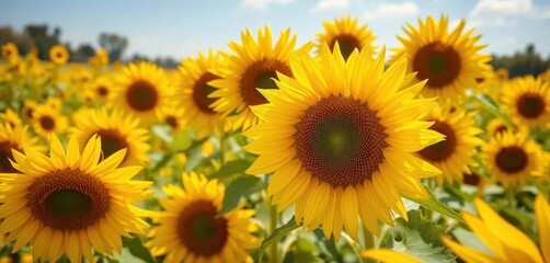 Obraz premium Vibrant yellow sunflower field background, sunny day, rural, agriculture